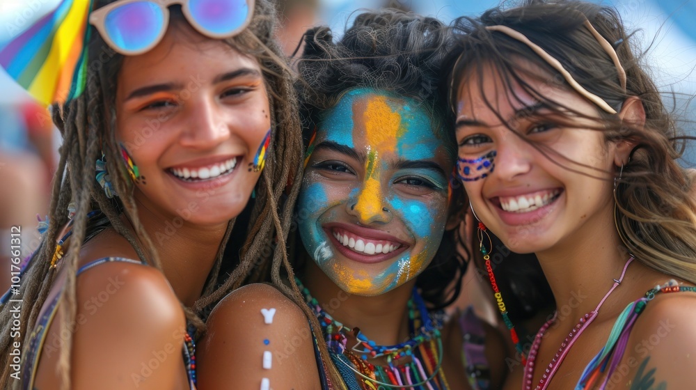 Three friends celebrate vibrant colors and joy at an outdoor festival during a sunny day in summer. Generative AI Three friends celebrate vibrant colors and joy at an outdoor festival during a sunny day in summer. Generative AI