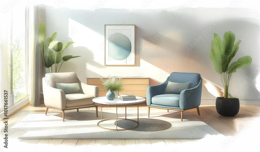 Fototapeta premium Watercolor minimalist living room with comfortable armchairs and plants