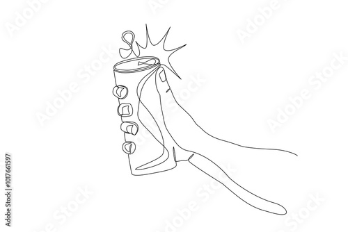 Continuous one line hand drawn of  hand holding sparkling water can. Man hand holding aluminum soda can, Soft drink can opening, Vector Illustration isolated on white background