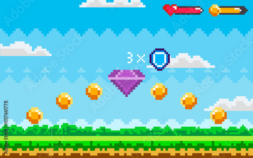 Scenic video game level in pixel art style with a purple gem and gold coins floating in the sky. Heart and sword icons in top right corner denote player status. Ideal for gaming, nostalgia, retro