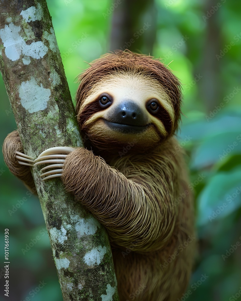 A brown and white sloth hangs onto a tree trunk with its long claws. It has a sweet smile and its fur is soft and fluffy. A brown and white sloth hangs onto a tree trunk with its long claws. It has a sweet smile and its fur is soft and fluffy.