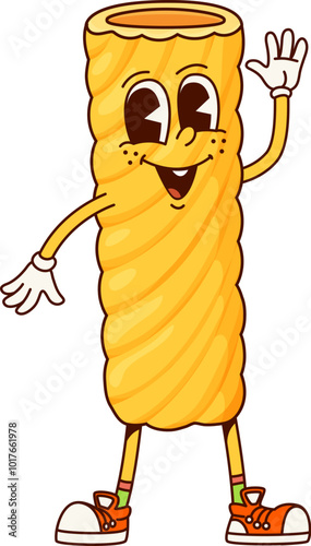 Rigatoni Italian pasta groovy cute character. Italian restaurant wheat pasta happy groovy character, Rigatoni noodle dish or Italy cuisine menu meal 60s 70s hippie isolated vector funny personage