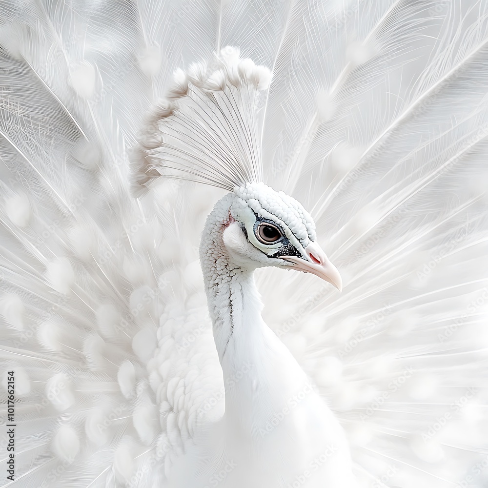 Fototapeta premium Close-up of a White Peacock's Feathers with Its Head and Eye Visible.