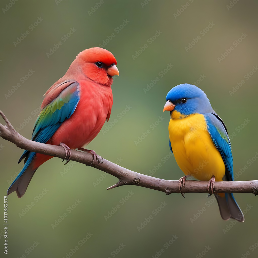 Fototapeta premium A group of beautiful and colorful birds sitting on a tree branch 