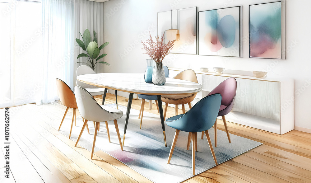 Fototapeta premium Watercolor a modern dining room with a large oval table and colorful chairs