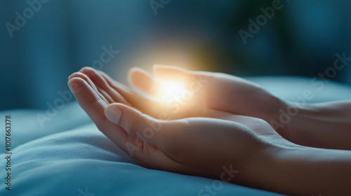 Wallpaper Mural Healing hands gently hover over surface, radiating warm, glowing energy. This serene moment captures essence of energy healing and tranquility Torontodigital.ca