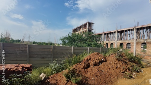 Under Construction Building with Brickwork and Overgrown Vegetation in a Rural Setting