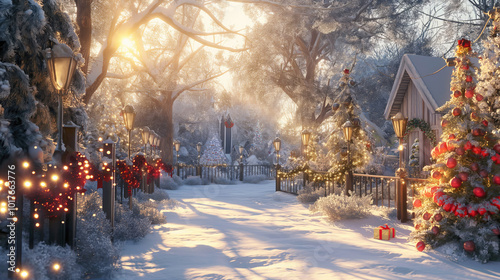 Winter scene of snow-covered village in Christmas scenery.New Year festive background with road going away in the distance and feeling of magic and nostalgia. photo