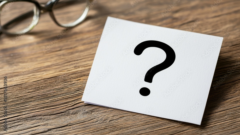 A minimalist workspace featuring a question mark on a card beside reading glasses on a wooden surface, illustrating inquiry and contemplation in a creative setting A minimalist workspace featuring a question mark on a card beside reading glasses on a wooden surface, illustrating inquiry and contemplation in a creative setting