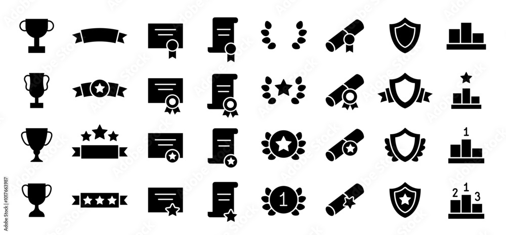 Set of awards in monochrome style. Collection of icons of awards, certificates, diplomas, laurel wreaths, trophy cups, awards ribbons. Star shape. Concept of victory, gain, award, competition.