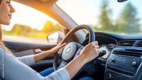Wallpaper Mural A woman enjoys driving her car during sunset, capturing the freedom of the open road in a tranquil landscape Torontodigital.ca