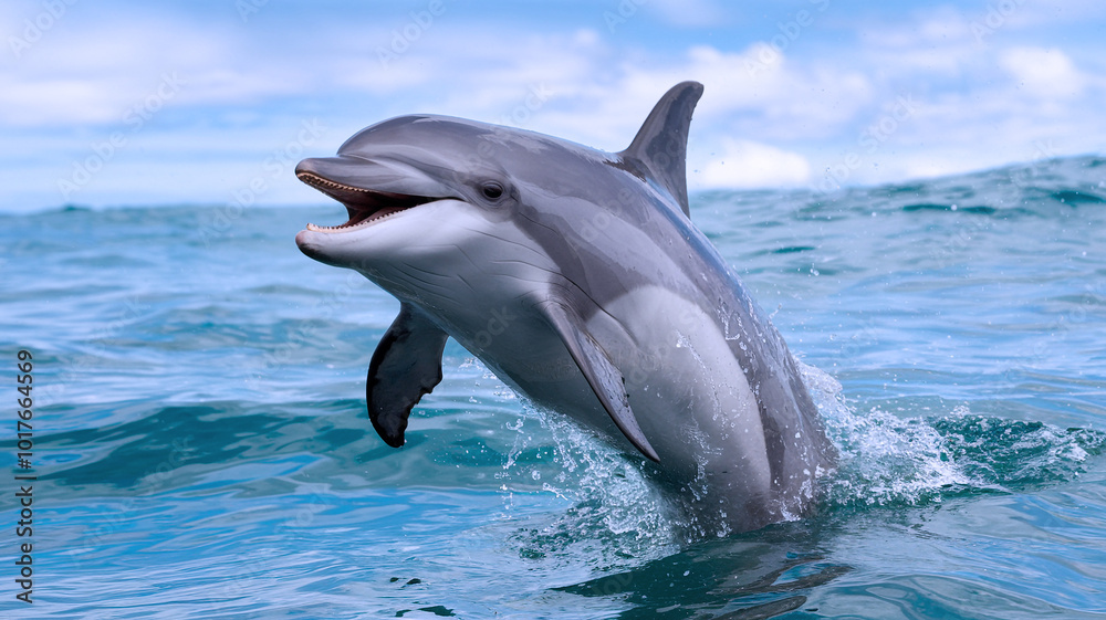 Fototapeta premium Beautiful Dolphin jumping out of the ocean with clouds, HD Image wallpaper background.