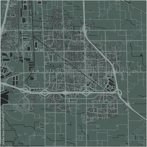 Map of Manteca in California in a smooth dark style. Contains layered vector with roads water, parks, etc.