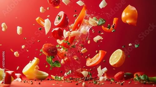 Falling food against colored background Low competition but visually striking for unique, colorful, and themed food photography, especially in artistic and product display contexts. photo