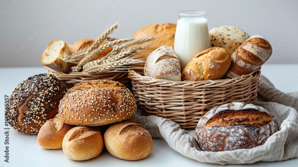 Artfully arranged assortment of fresh breads and milk in rustic baskets on a minimalist table. Generative AI Artfully arranged assortment of fresh breads and milk in rustic baskets on a minimalist table. Generative AI