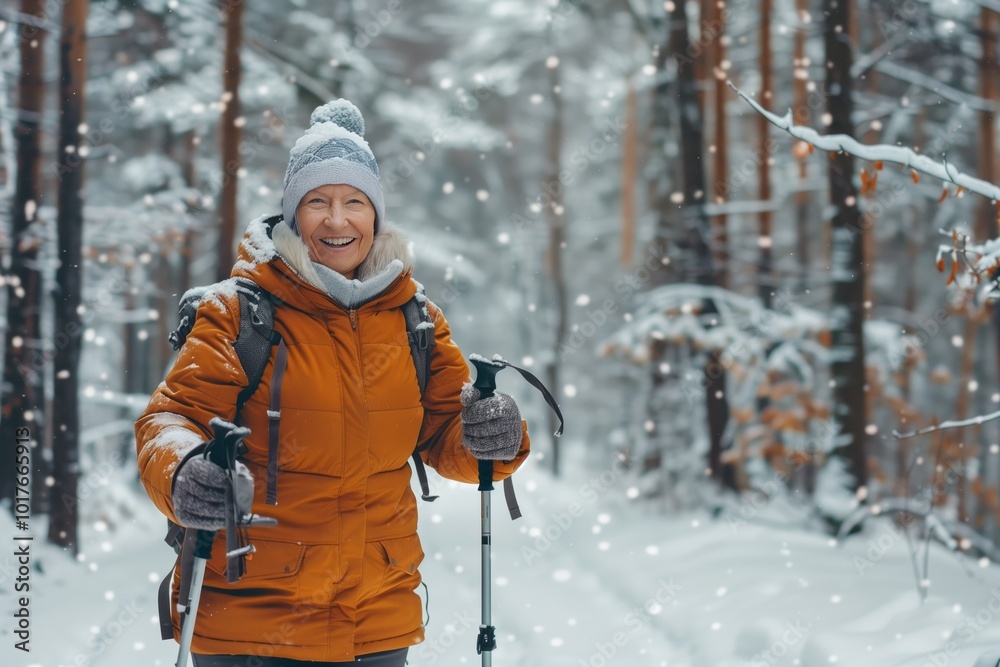 Fototapeta premium Senior smiling sporty woman nordic walk poles winter forest park. AI generative
