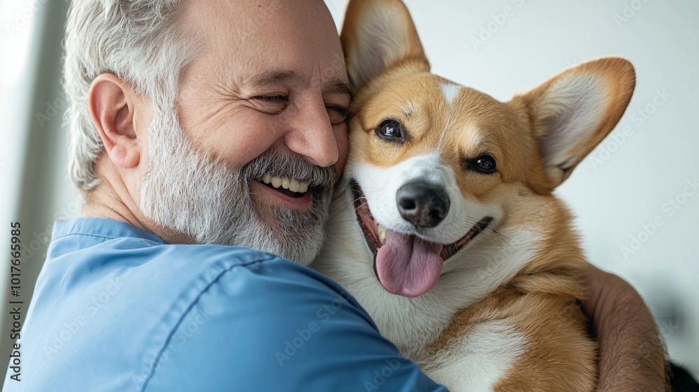 A joyful man shares a heartfelt hug with a corgi in a cozy indoor setting during daylight hours A joyful man shares a heartfelt hug with a corgi in a cozy indoor setting during daylight hours