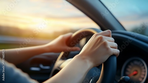 Wallpaper Mural A person driving a car during sunset on a scenic road with a vibrant sky Torontodigital.ca