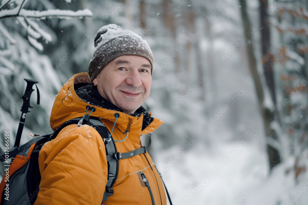 Fototapeta premium Senior smiling sporty man nordic walk poles winter forest park. AI generative