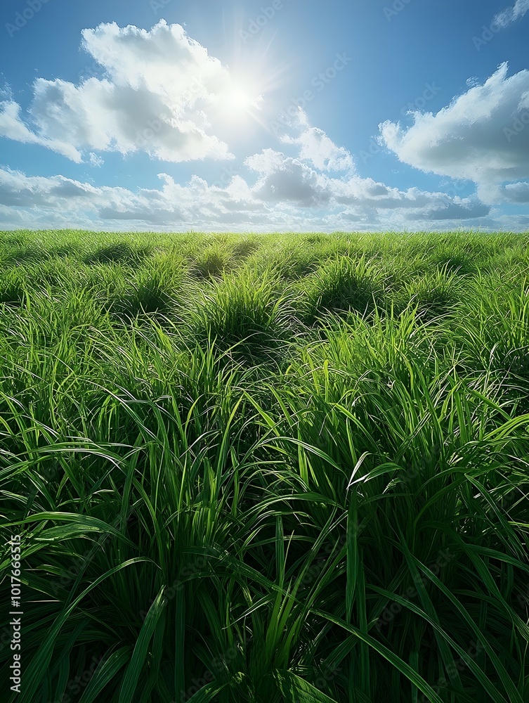 A sprawling field of lush green grass stretches out under a bright blue sky, with fluffy white clouds dotting the horizon. The sun shines through the clouds, casting a warm glow on the landscape. A sprawling field of lush green grass stretches out under a bright blue sky, with fluffy white clouds dotting the horizon. The sun shines through the clouds, casting a warm glow on the landscape.