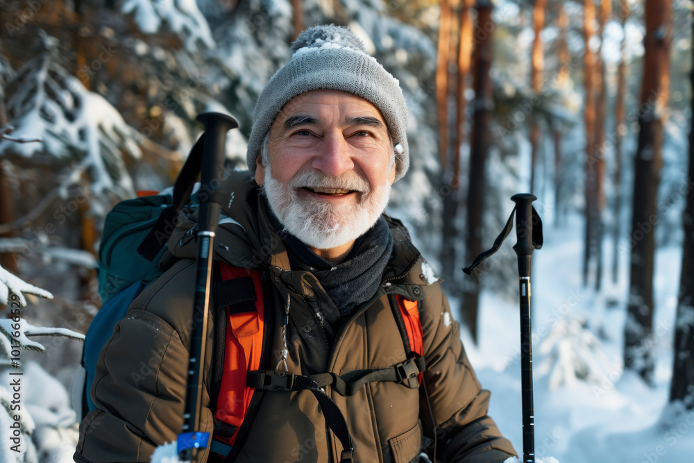 Senior smiling sporty man nordic walk poles winter forest park. AI generative Senior smiling sporty man nordic walk poles winter forest park. AI generative