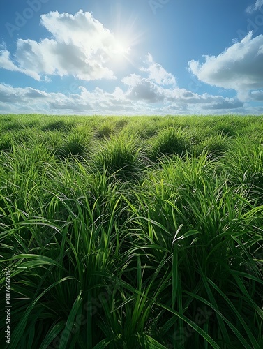 A sprawling field of lush green grass stretches out under a bright blue sky, with fluffy white clouds dotting the horizon. The sun shines through the clouds, casting a warm glow on the landscape.