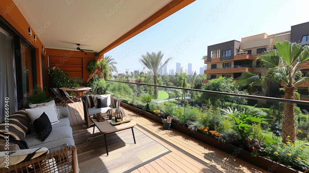 A serene balcony oasis adorned with lush greenery, offering stunning city views on a sunny day. Generative AI A serene balcony oasis adorned with lush greenery, offering stunning city views on a sunny day. Generative AI