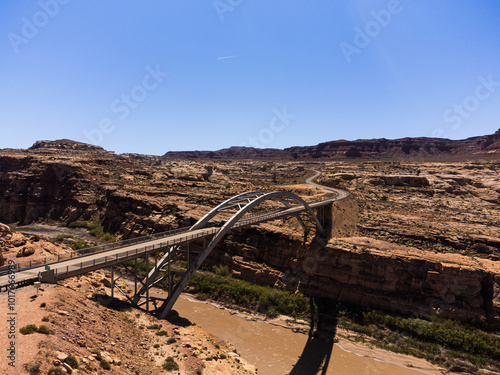 Hite Crossing bridge over the Colorado river, aerial view. Route 95, Utah. Bright sunshine, in late spring photo