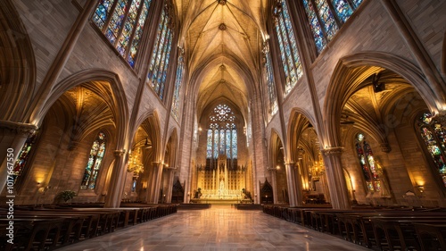 A majestic cathedral-like hall featuring stunning stained glass windows that cast colorful light across the intricate stone carvings adorning the walls.