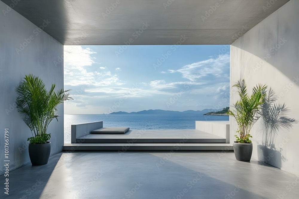 Terrace with sea and beach view. Empty concrete room interior with modern design. Villa with gray attic made of gray stone Terrace with sea and beach view. Empty concrete room interior with modern design. Villa with gray attic made of gray stone