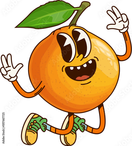 Groovy tropical tangerine fruit character. Cartoon vector orange, mandarin citrus fruit personage jumping with happy and joyful expression, flashing peace gestures, exudes funky and hippie summer vibe