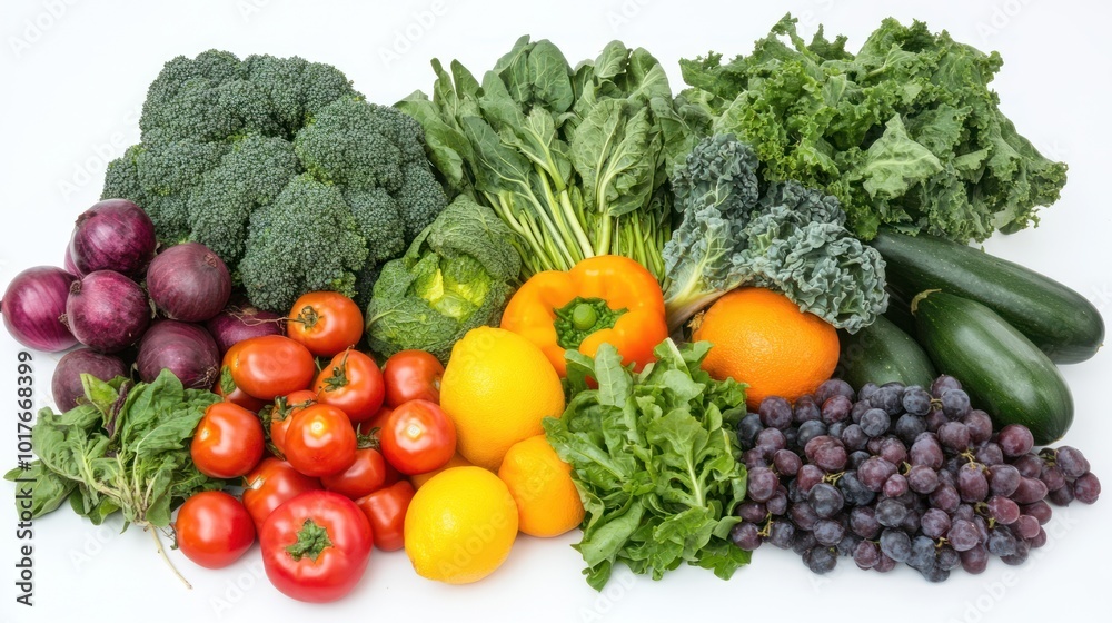 Fresh produce on white background: A visually striking array of fresh, seasonal fruits and vegetables placed on a white background to highlight their vibrant colors and health benefits. Fresh produce on white background: A visually striking array of fresh, seasonal fruits and vegetables placed on a white background to highlight their vibrant colors and health benefits.