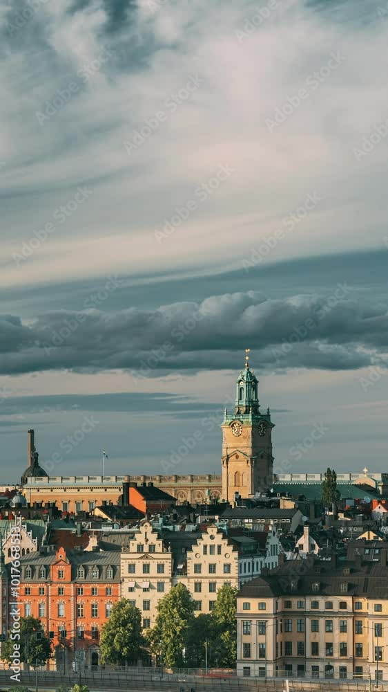 Stockholm, Sweden. Scenic Skyline View Of Old Town With Tower Of Storkyrkan - The Great Church Or Church Of St. Nicholas. Stockholm Cathedral Is The Oldest Church In Gamla Stan, The Old Town.