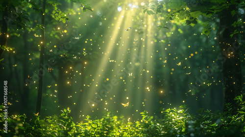 Sunlight in Forest with Glowing Insects