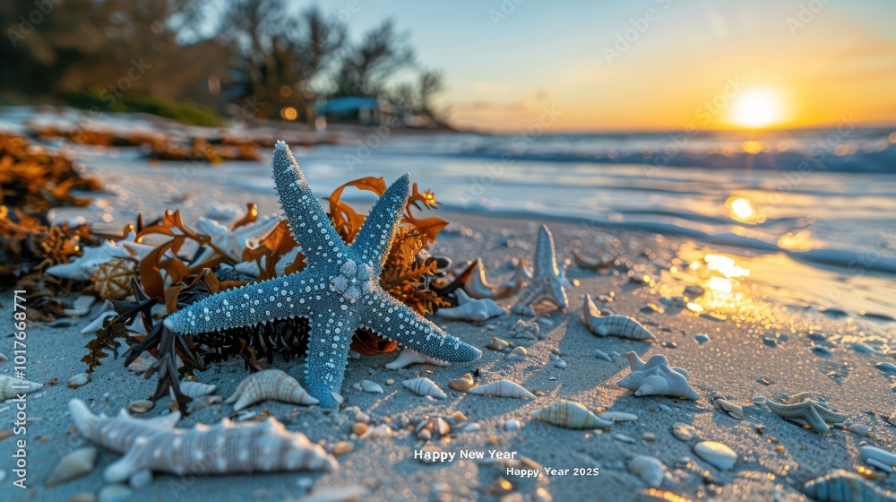 A serene coastal sunset with a starfish surrounded by seashells on the sandy beach welcoming the New Year. Generative AI A serene coastal sunset with a starfish surrounded by seashells on the sandy beach welcoming the New Year. Generative AI