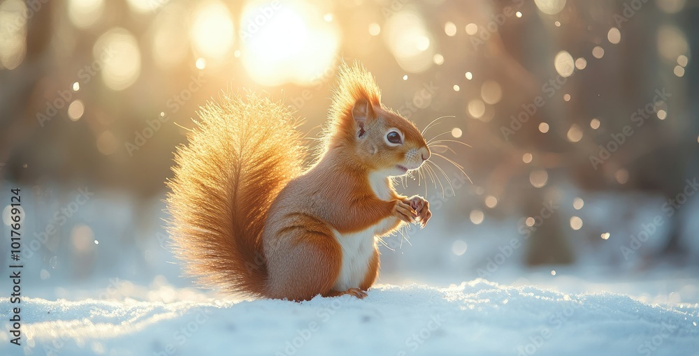 Photograph of a happy red squirrel in a winter forest, full-body portrait, sunset, beautiful lighting, bokeh, white snow background. Photograph of a happy red squirrel in a winter forest, full-body portrait, sunset, beautiful lighting, bokeh, white snow background.