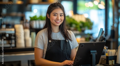 Smiling Barista Using POS System in Modern Coffee Shop, Customer Service in Cafe, Hospitality Staff, Technology in Restaurants, Small Business Employee, Coffee Shop Workflow, Service Industry