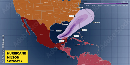 Category 5 Hurricane Milton expected wind path way and speed statistic. Hurricane Milton approaching the Gulf of Mexico, Florida.