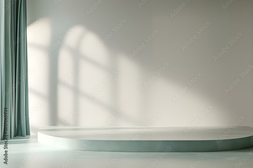 3D studio empty wall and floor. Room with a podium for product presentation. Window light overlay. Kitchen countertop template for design 3D studio empty wall and floor. Room with a podium for product presentation. Window light overlay. Kitchen countertop template for design