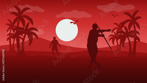 Two Young Men Practice Javelin Throwing in the Field - Beautiful 2d Landscapes Vector