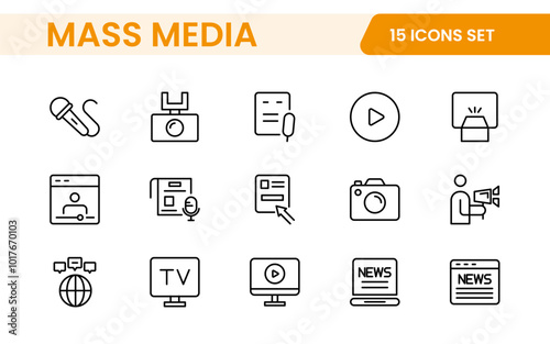 Mass media outline vector icons large set isolated on white background. media business concept. Media outline icons set.