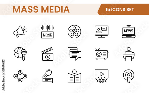 Mass media outline vector icons large set isolated on white background. media business concept. Media outline icons set.
