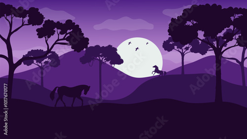 Two Horses in the Mountain Forest on a Beautiful Morning - Beautiful 2d Landscapes Vector