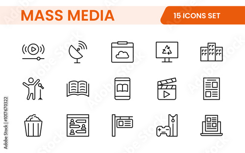 Mass media outline vector icons large set isolated on white background. media business concept. Media outline icons set.