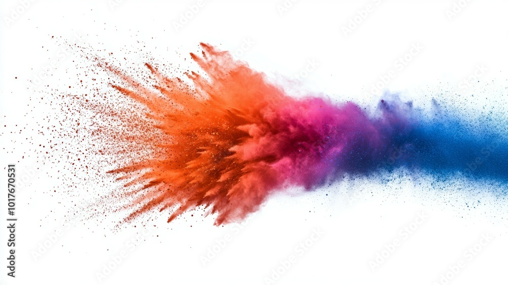 Colorful powder explosion in an artistic display, showcasing vibrant hues of orange, purple, and blue in mid-air on a white background Colorful powder explosion in an artistic display, showcasing vibrant hues of orange, purple, and blue in mid-air on a white background