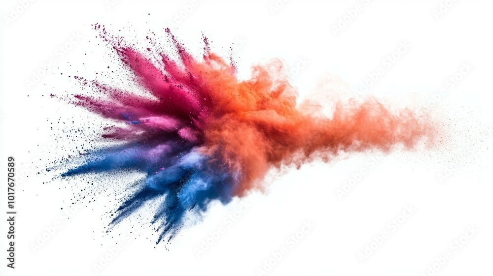 Vibrant cloud of colored powder bursts in an artistic display, showcasing a mix of blue, orange, and pink during a celebration or festival in a bright, open space Vibrant cloud of colored powder bursts in an artistic display, showcasing a mix of blue, orange, and pink during a celebration or festival in a bright, open space