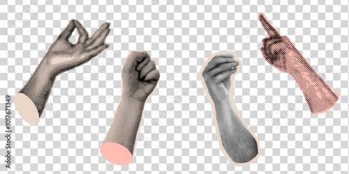 Halftone Hands Collage elements set. Modern abstract template design.