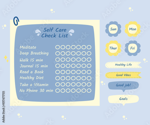 Healthy lifestyle planner template with doodle illustrations, ideal for journaling, stickers, and scrapbook layouts.