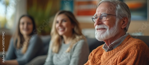 Smiling senior man with two young women, looking to the side.