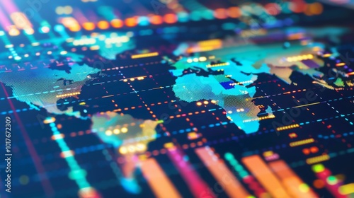 Close-up of digital world map with highlighted countries and trade routes, visualizing the impact of tariffs on global trade and rising economic tension through a graph.